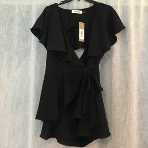 Black Tie Front Ruffled Romper